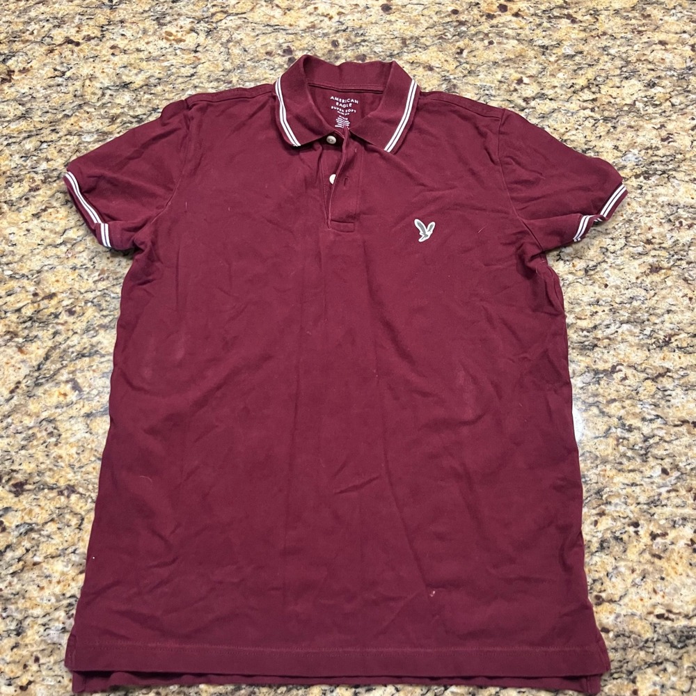American Eagle Mens Super Soft Slim Fit Polo Shirt Burgundy Maroon Eagle Logo M